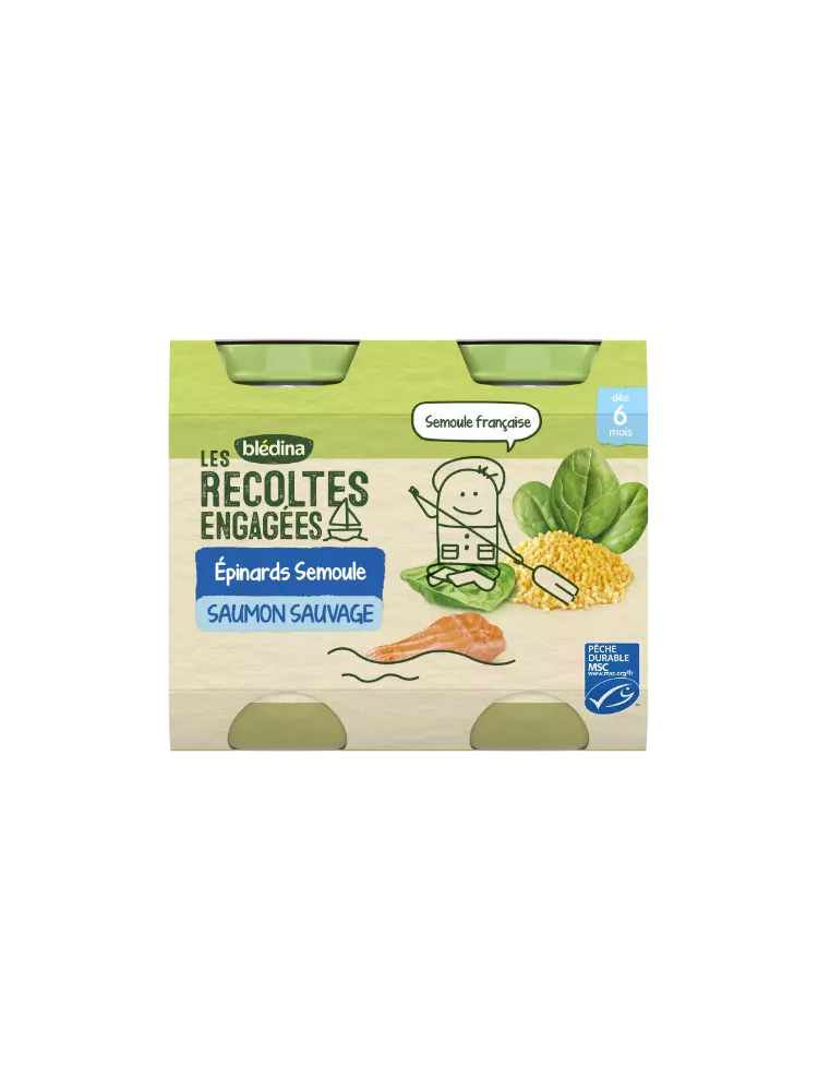 Blédina Les Récoltes Engagées Épinards Semoule et Saumon Sauvage dès 6 Mois 2 POTS